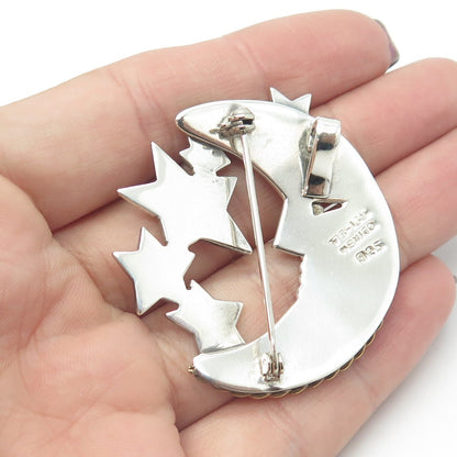 925 Sterling Silver 2-Tone Vintage Mexico Crescent Moon Face & Star Pin Brooch