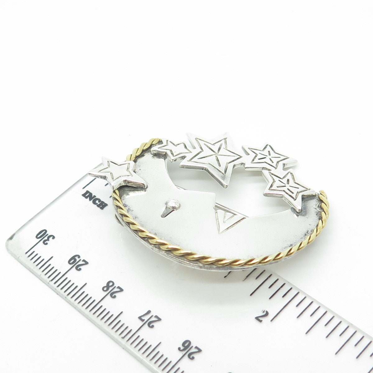 925 Sterling Silver 2-Tone Vintage Mexico Crescent Moon Face & Star Pin Brooch