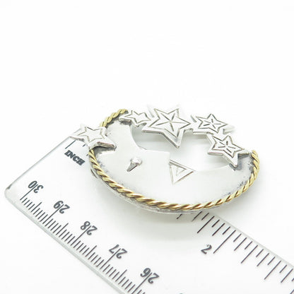 925 Sterling Silver 2-Tone Vintage Mexico Crescent Moon Face & Star Pin Brooch