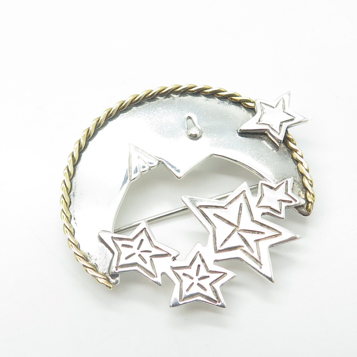 925 Sterling Silver 2-Tone Vintage Mexico Crescent Moon Face & Star Pin Brooch