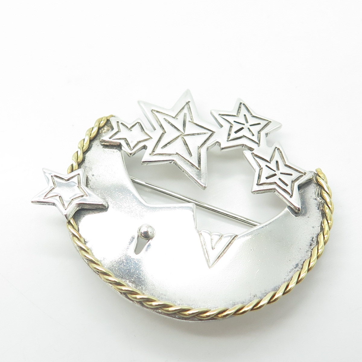 925 Sterling Silver 2-Tone Vintage Mexico Crescent Moon Face & Star Pin Brooch