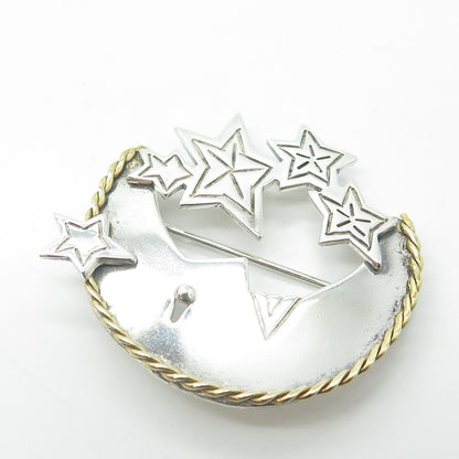 925 Sterling Silver 2-Tone Vintage Mexico Crescent Moon Face & Star Pin Brooch