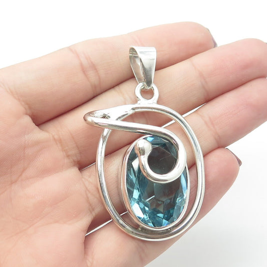 925 Sterling Silver Vintage Blue Glass Modernist Pendant