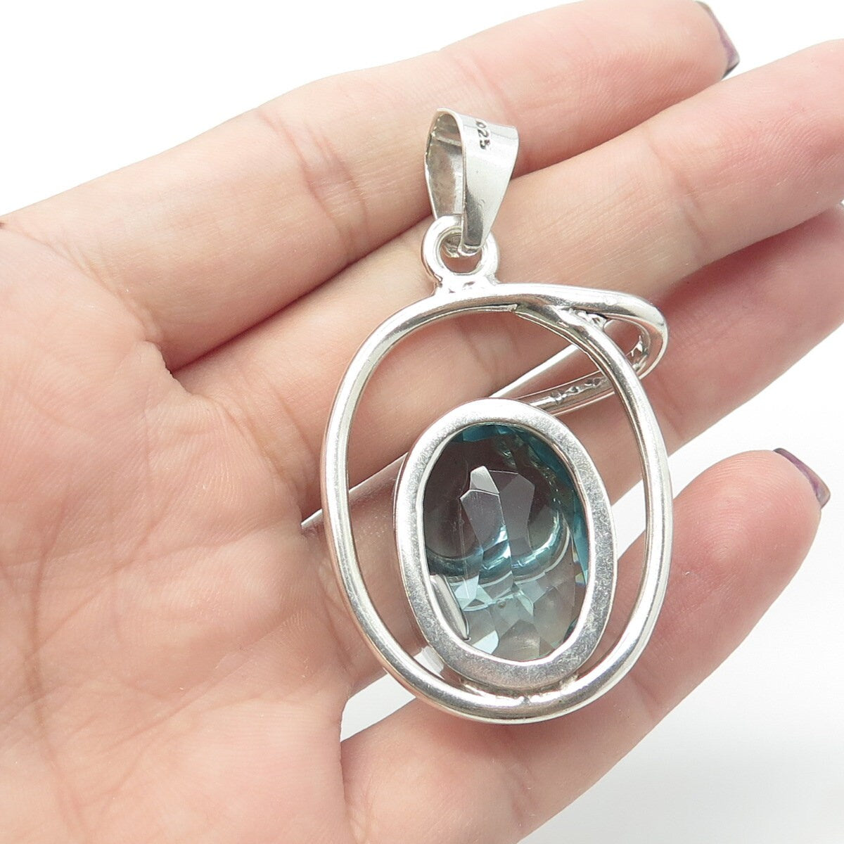 925 Sterling Silver Vintage Blue Glass Modernist Pendant