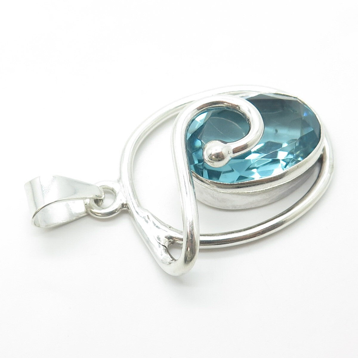 925 Sterling Silver Vintage Blue Glass Modernist Pendant