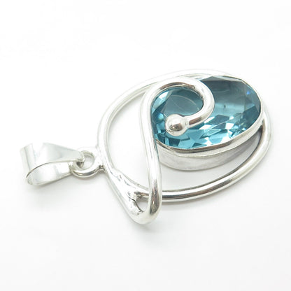 925 Sterling Silver Vintage Blue Glass Modernist Pendant