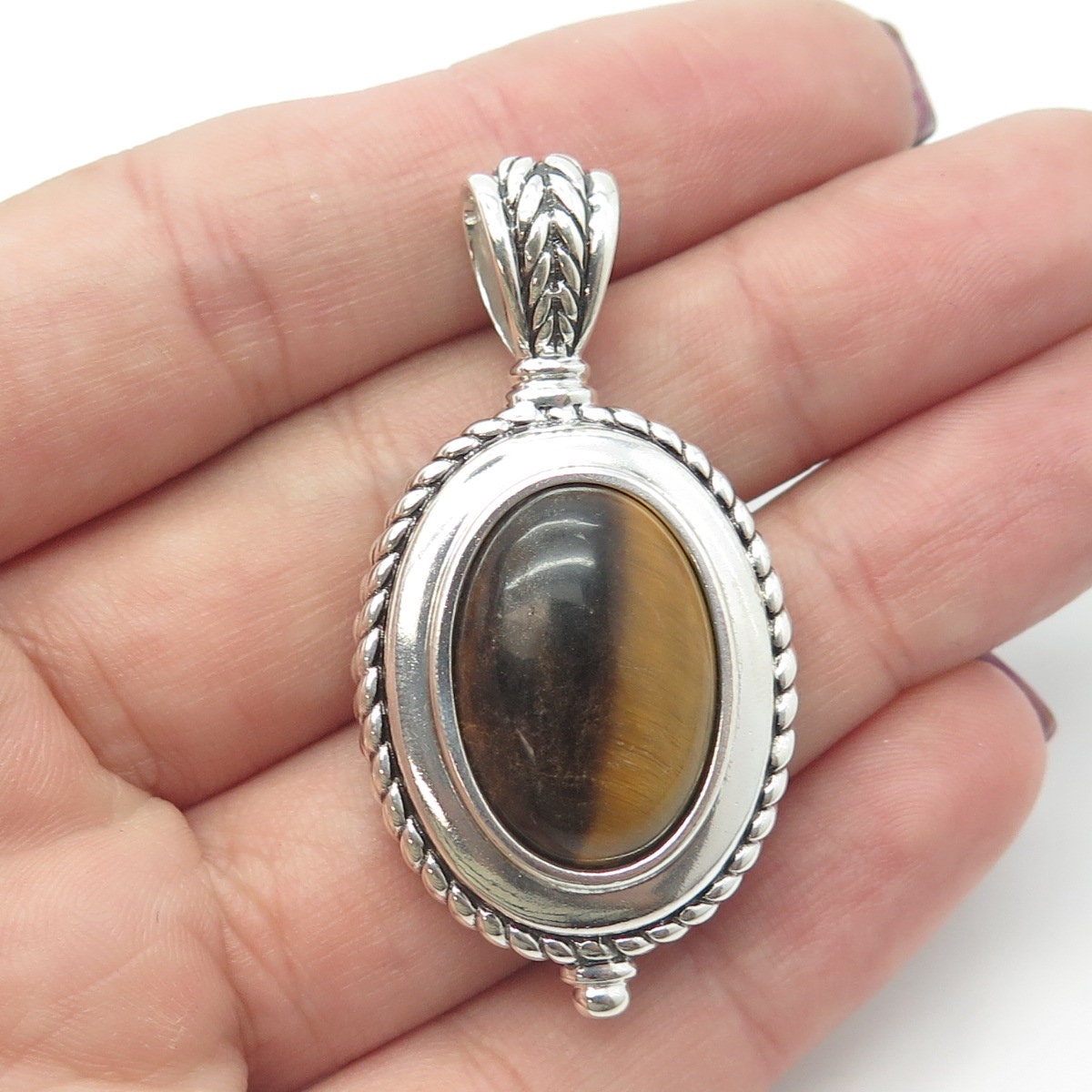 925 Sterling Silver Vintage Real Tiger Eye Gemstone Pendant
