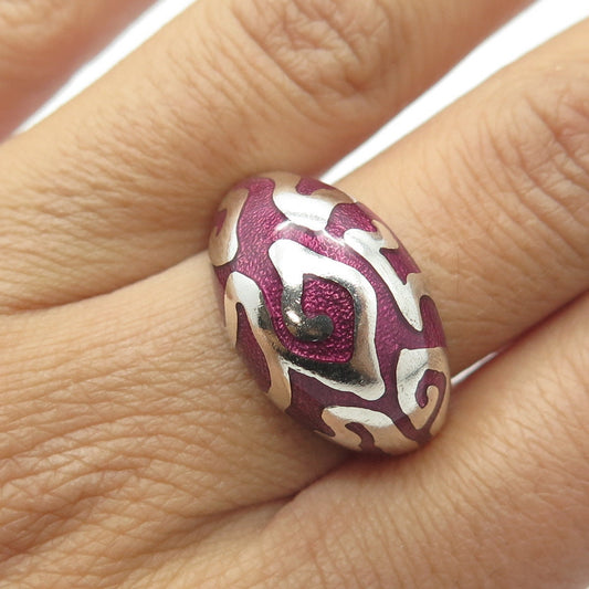 925 Sterling Silver Vintage Enamel Ornate Dome Ring Size 8.25