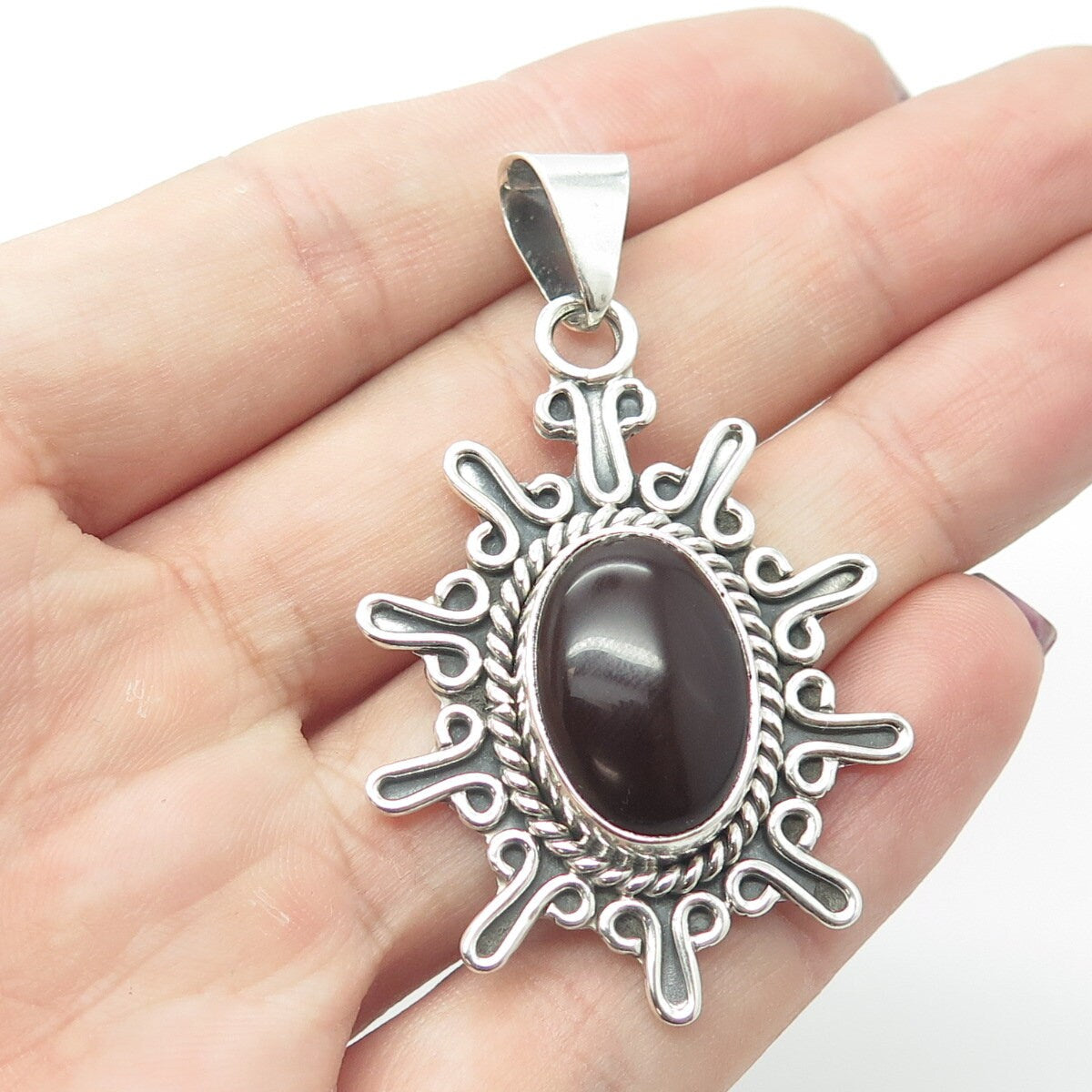 925 Sterling Silver Vintage Mexico Real Carnelian Gemstone Ethnic Pendant