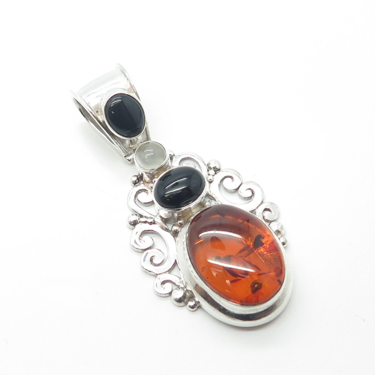SUARTI BALI 925 Sterling Silver Vintage Black Onyx Amber Clear Quartz Pendant