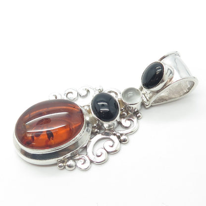 SUARTI BALI 925 Sterling Silver Vintage Black Onyx Amber Clear Quartz Pendant