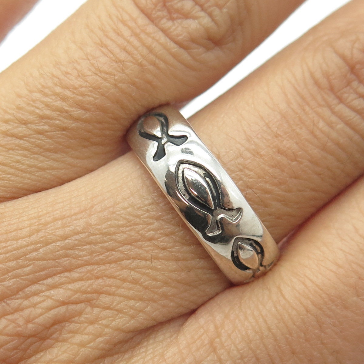 925 Sterling Silver Vintage All Around Ichthys Religious Band Ring Size 10.25