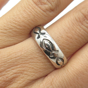 925 Sterling Silver Vintage All Around Ichthys Religious Band Ring Size 10.25