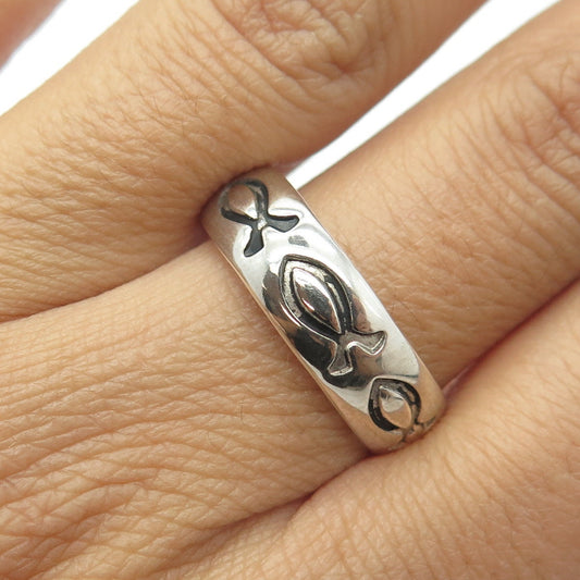 925 Sterling Silver Vintage All Around Ichthys Religious Band Ring Size 10.25
