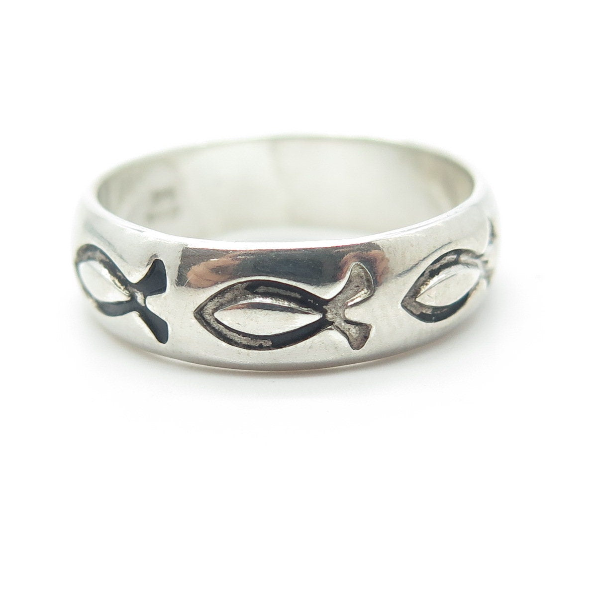 925 Sterling Silver Vintage All Around Ichthys Religious Band Ring Size 10.25