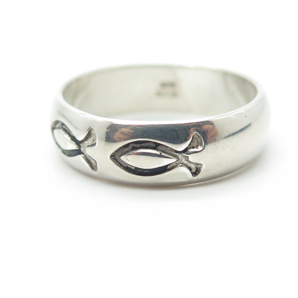 925 Sterling Silver Vintage All Around Ichthys Religious Band Ring Size 10.25