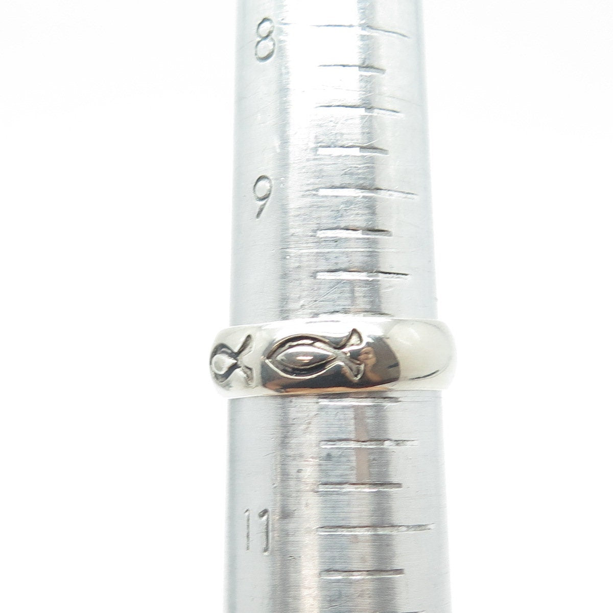 925 Sterling Silver Vintage All Around Ichthys Religious Band Ring Size 10.25