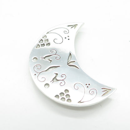 NADIA 925 Sterling Silver Vintage Crescent Moon Ornate Pin Brooch