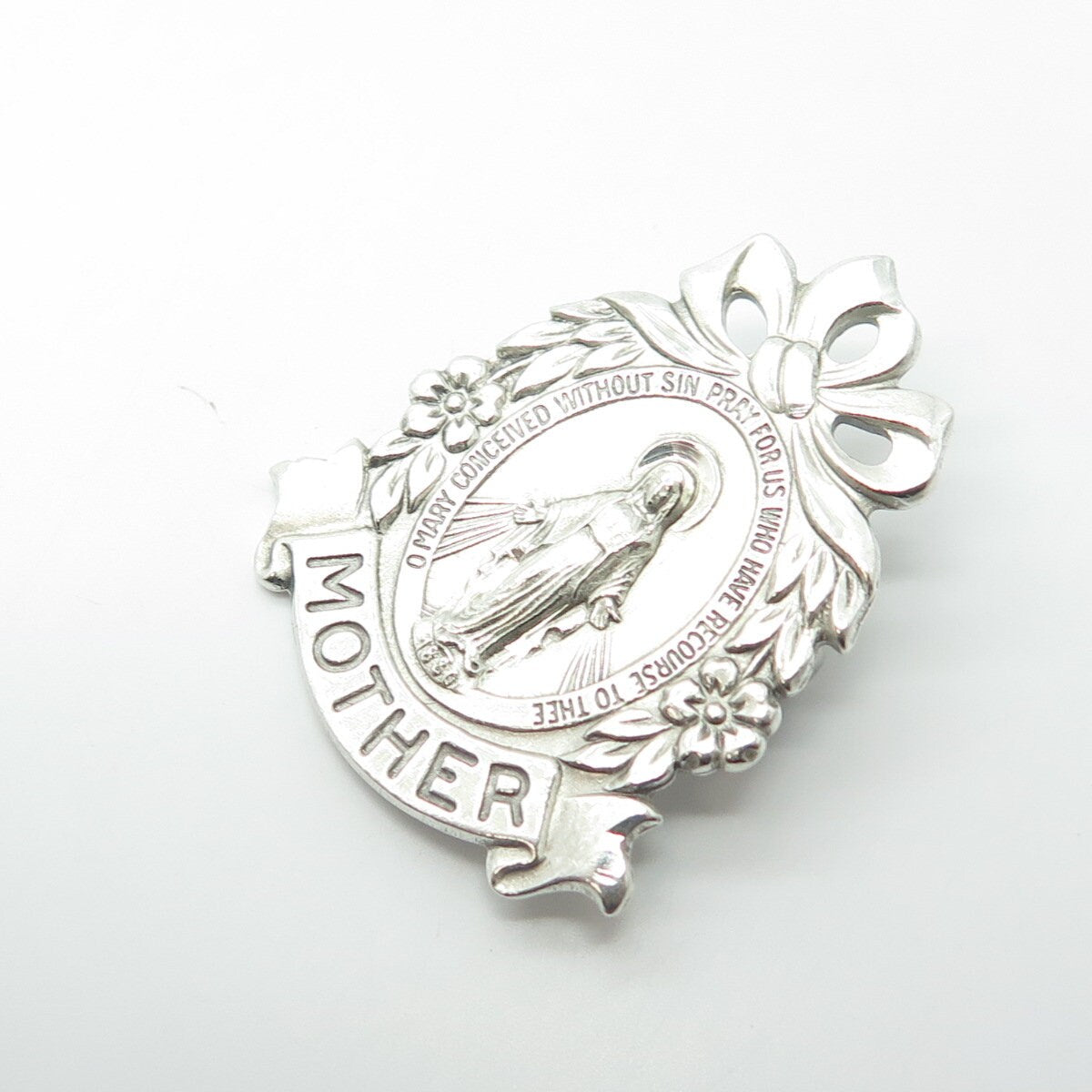 925 Sterling Silver Antique Art Deco Saint Mary "MOTHER" Miraculous Pin Brooch