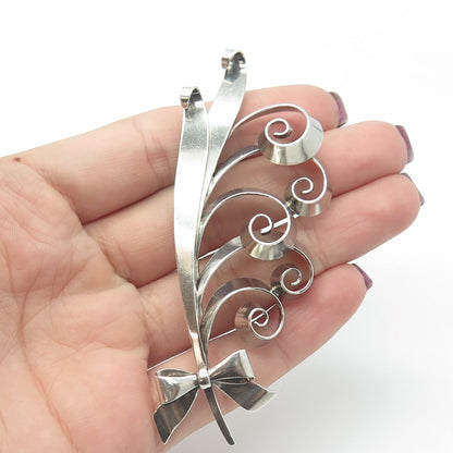 925 Sterling Silver Vintage Floral Ribbon Bow Large Pin Brooch