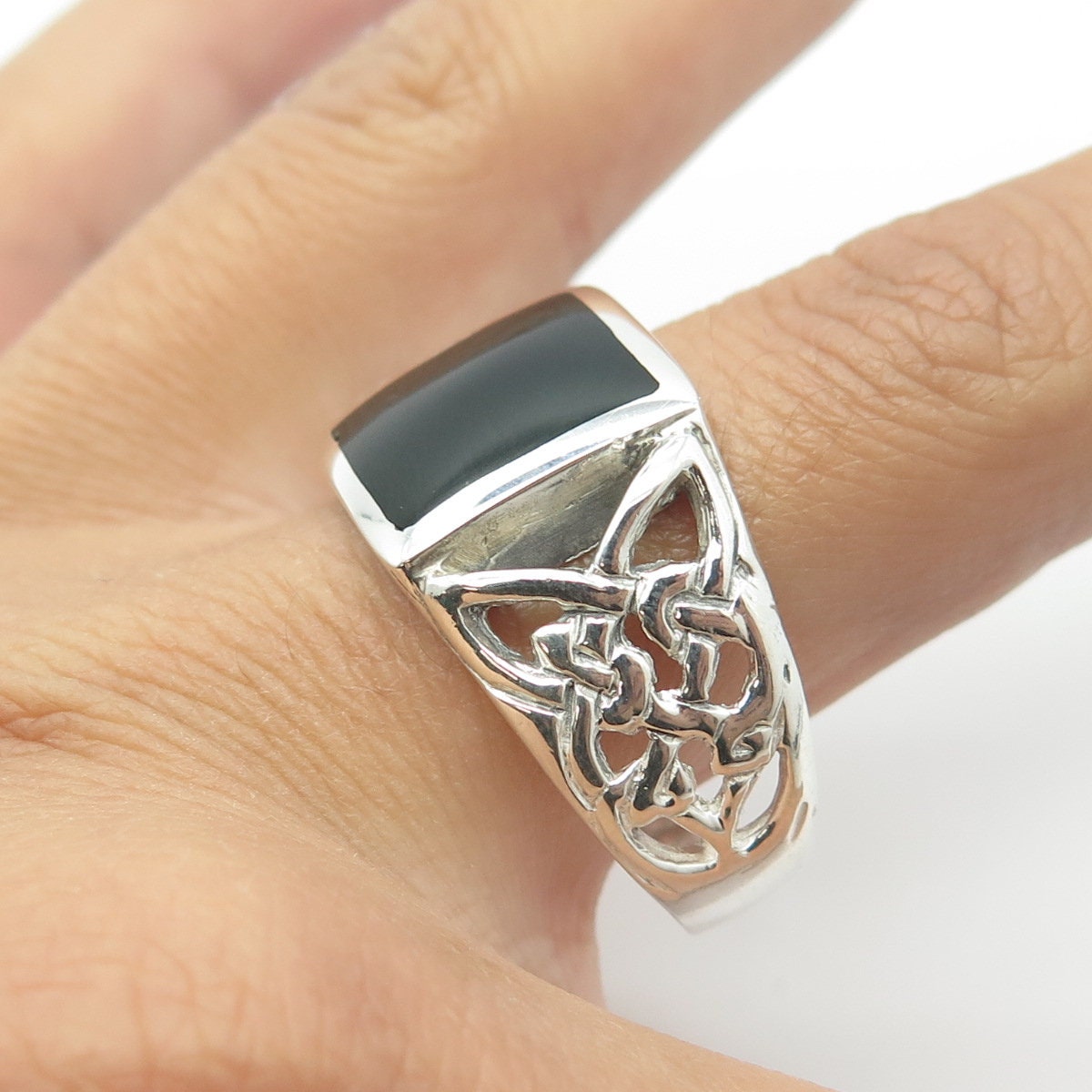 925 Sterling Silver Vintage Green Enamel Celtic Knot Signet Ring Size 15