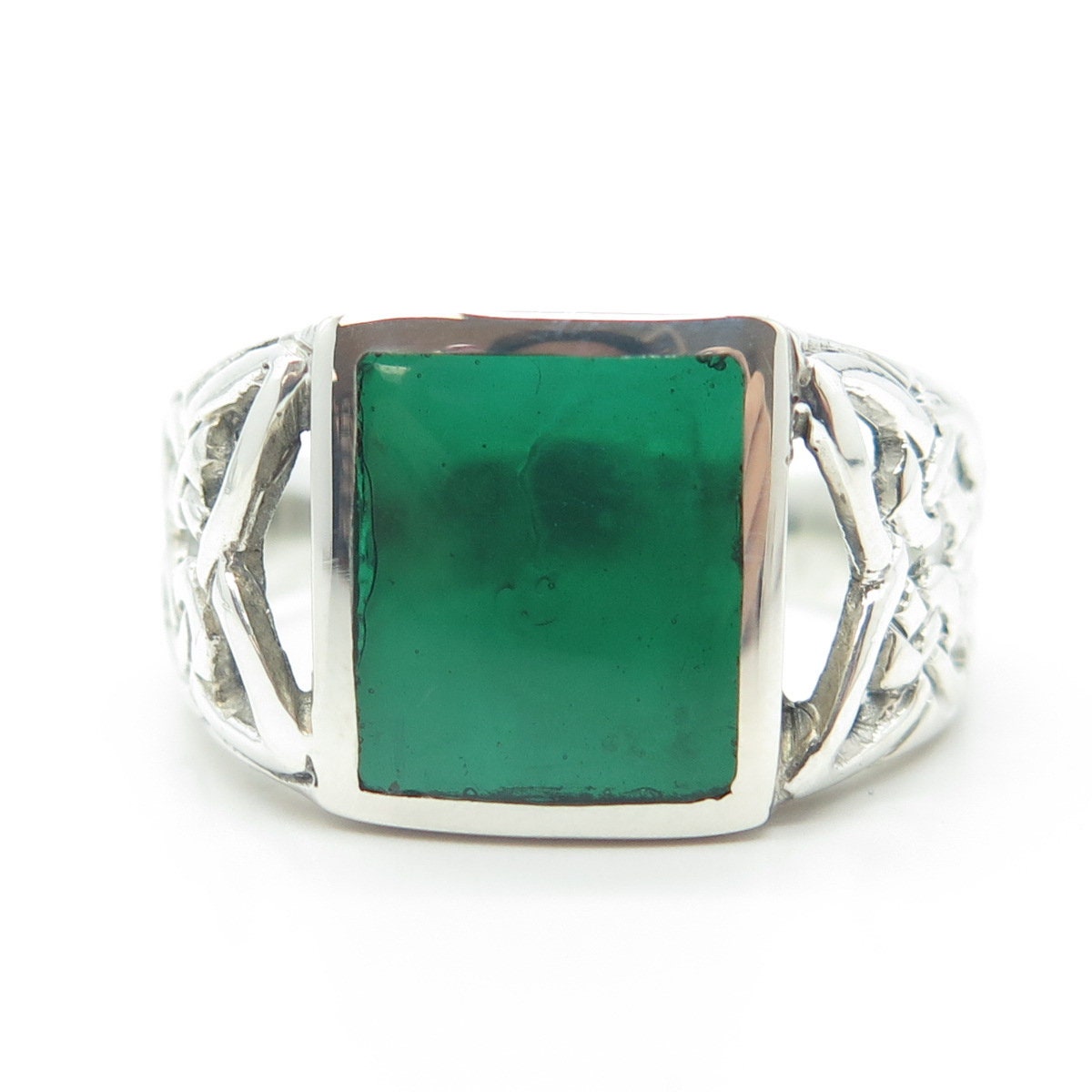 925 Sterling Silver Vintage Green Enamel Celtic Knot Signet Ring Size 15
