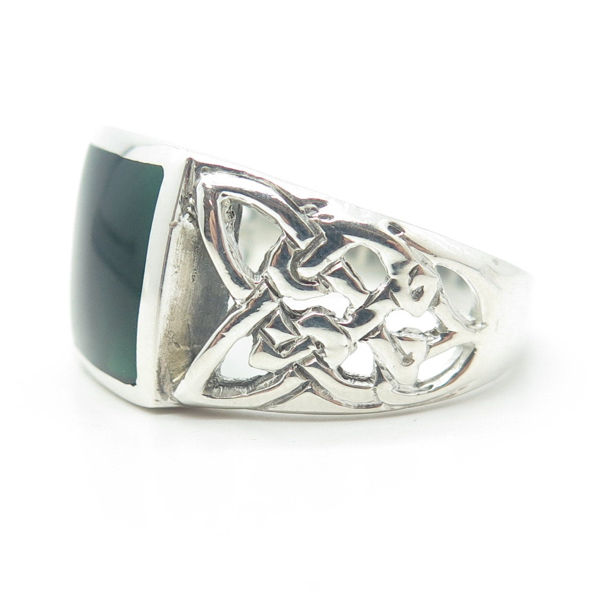 925 Sterling Silver Vintage Green Enamel Celtic Knot Signet Ring Size 15