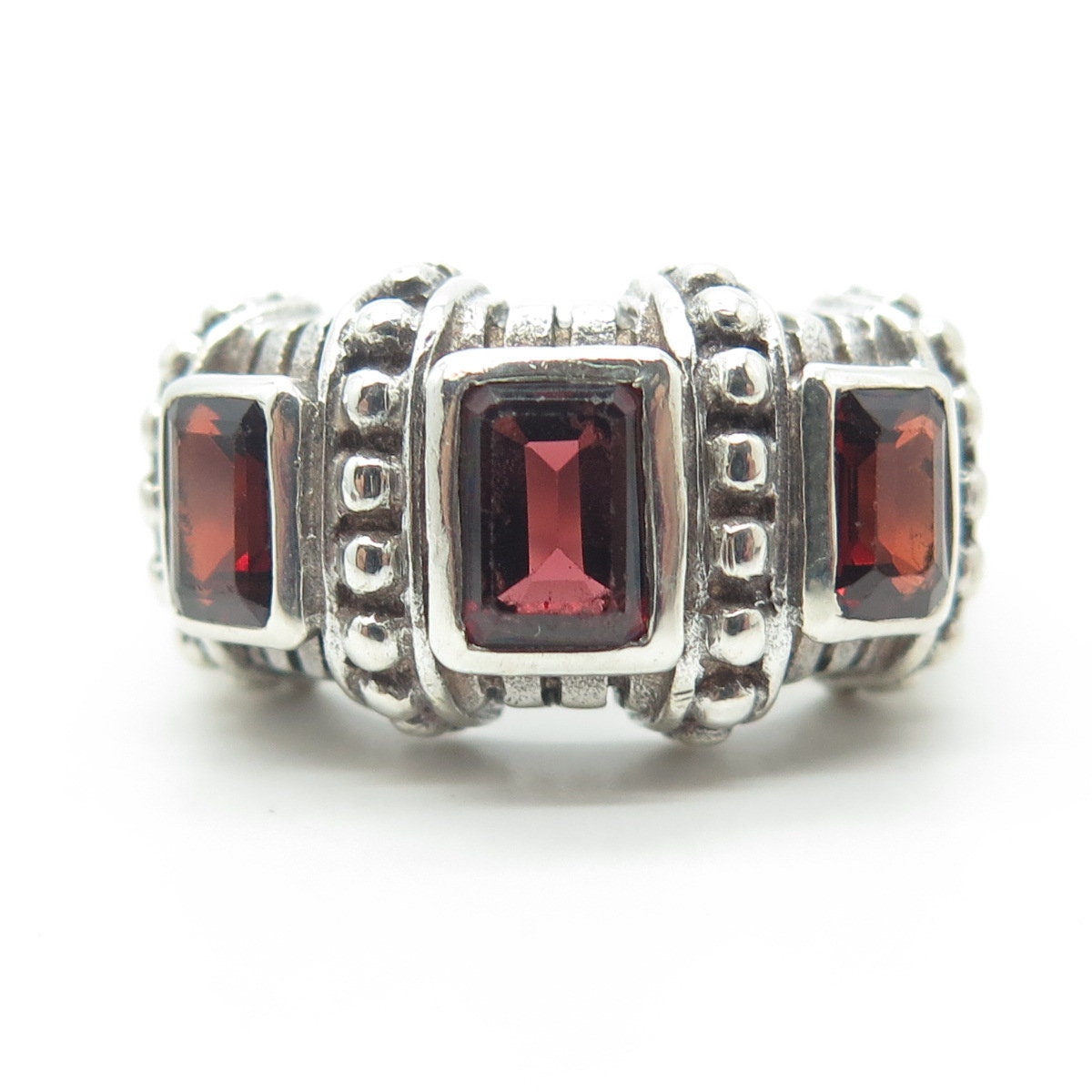 925 Sterling Silver Vintage Real Red Garnet Gem Granulated Ring Size 7.25