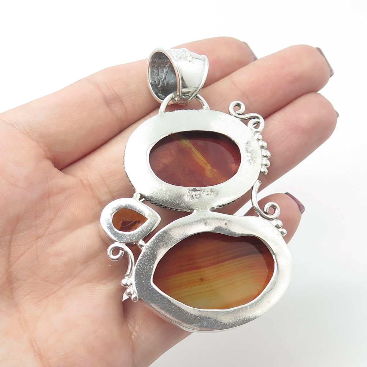 925 Sterling Silver Vintage Real Jasper Agate & Citrine Gemstone Pendant