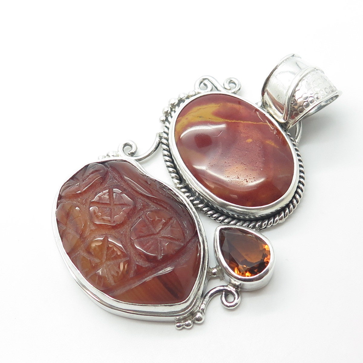 925 Sterling Silver Vintage Real Jasper Agate & Citrine Gemstone Pendant