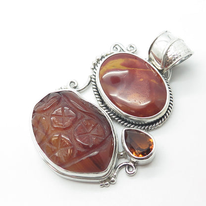 925 Sterling Silver Vintage Real Jasper Agate & Citrine Gemstone Pendant