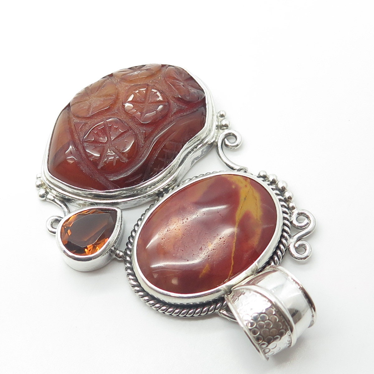 925 Sterling Silver Vintage Real Jasper Agate & Citrine Gemstone Pendant