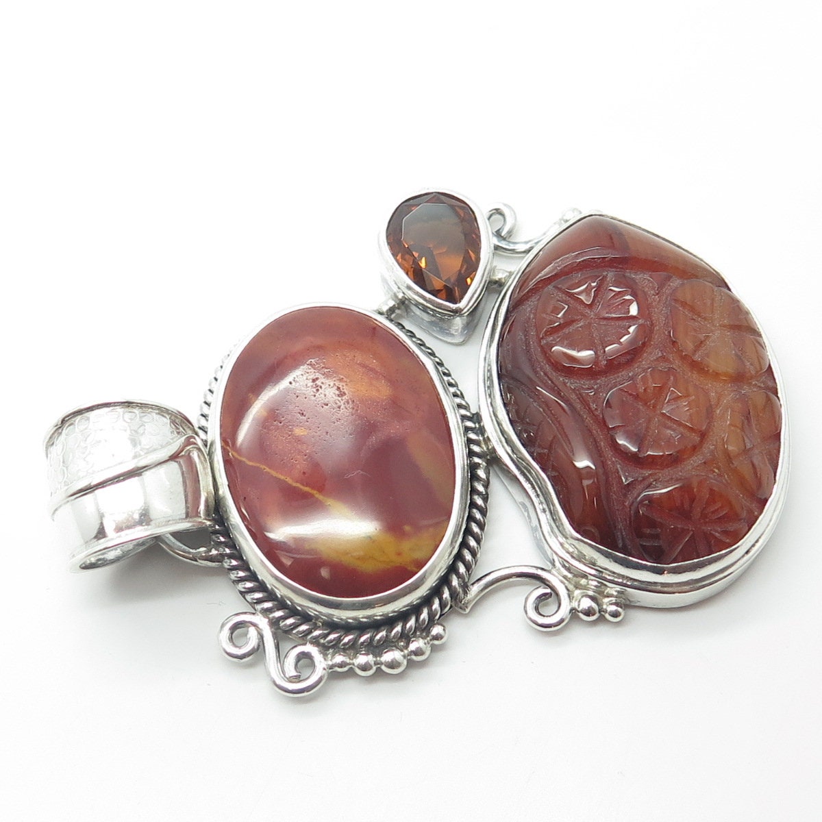 925 Sterling Silver Vintage Real Jasper Agate & Citrine Gemstone Pendant