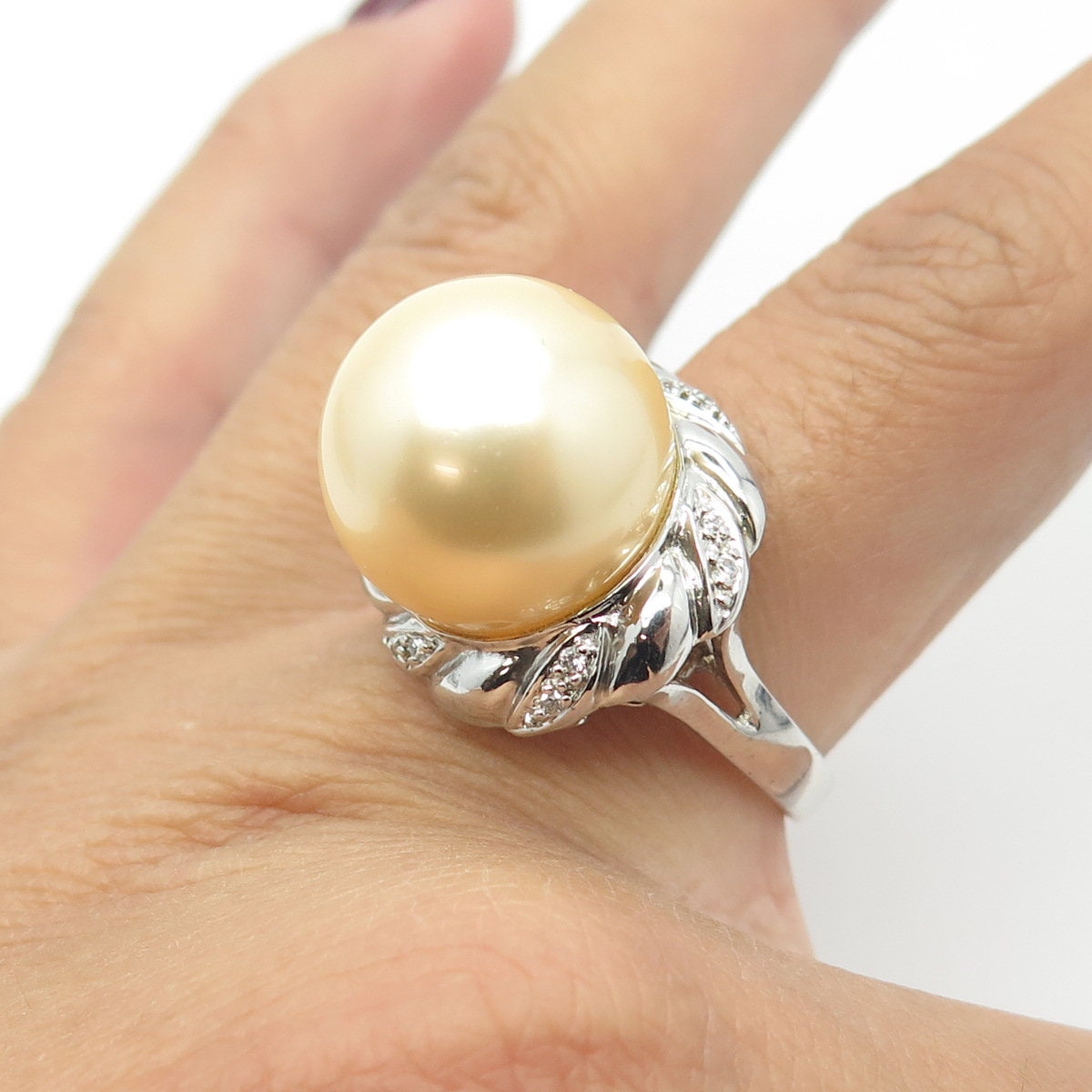 925 Sterling Silver Faux Pearl & C Z Ring Size 9.5