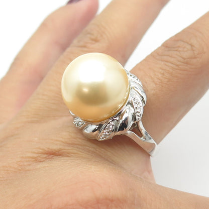 925 Sterling Silver Faux Pearl & C Z Ring Size 9.5