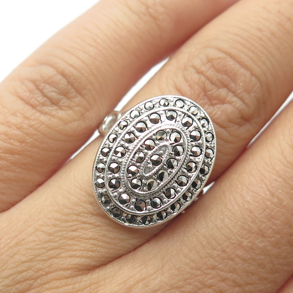 UNCAS 925 Sterling Silver Antique Art Deco Real Marcasite Heart Ring Size 5.75