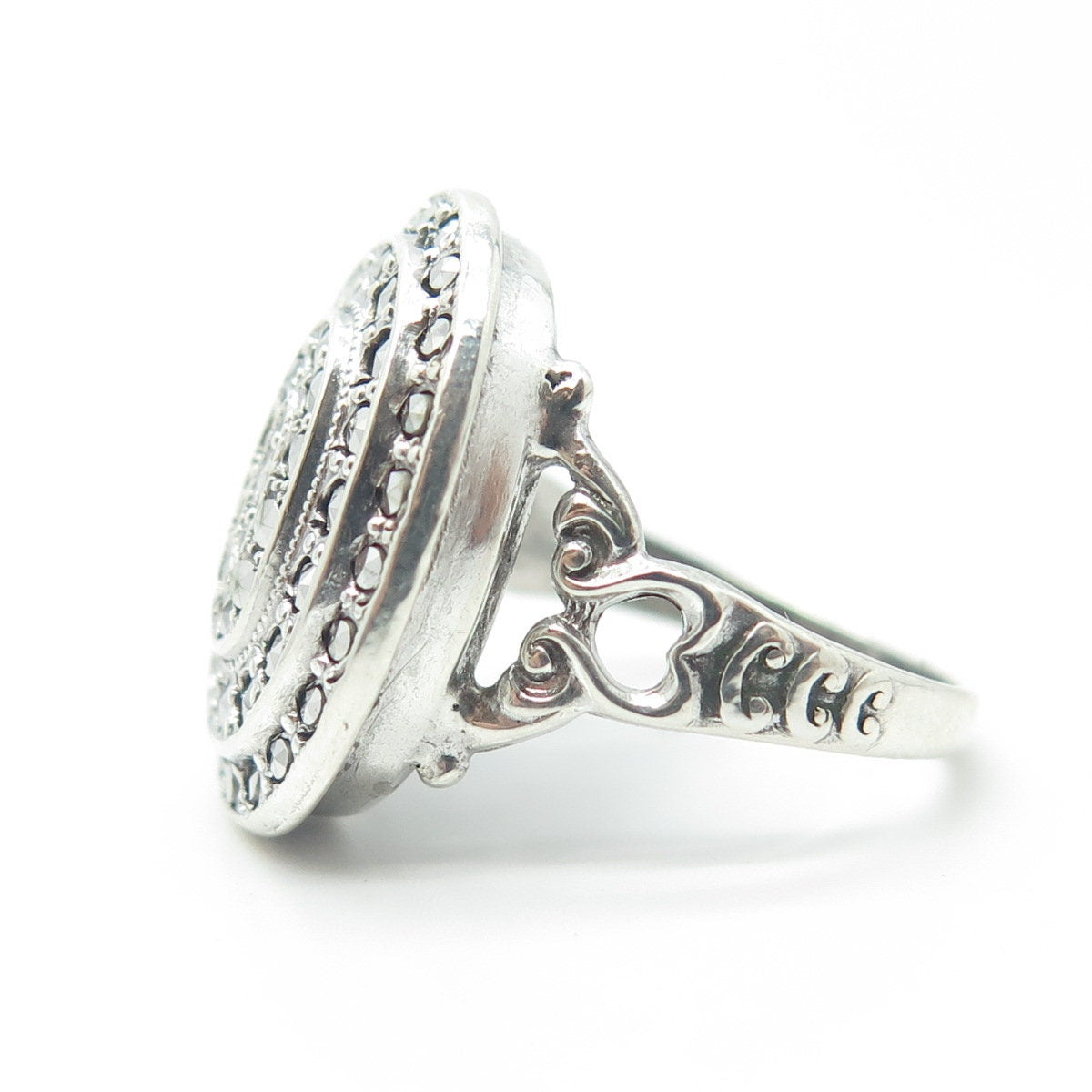 UNCAS 925 Sterling Silver Antique Art Deco Real Marcasite Heart Ring Size 5.75