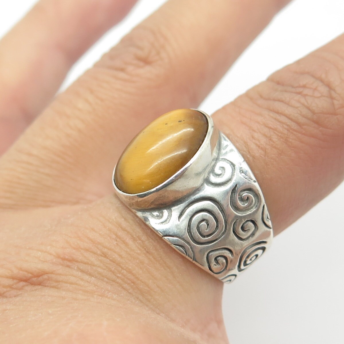 SHUBE 925 Sterling Silver Vintage Southwestern Real Tiger Eye Spiral Ring Size 7