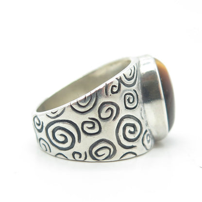 SHUBE 925 Sterling Silver Vintage Southwestern Real Tiger Eye Spiral Ring Size 7