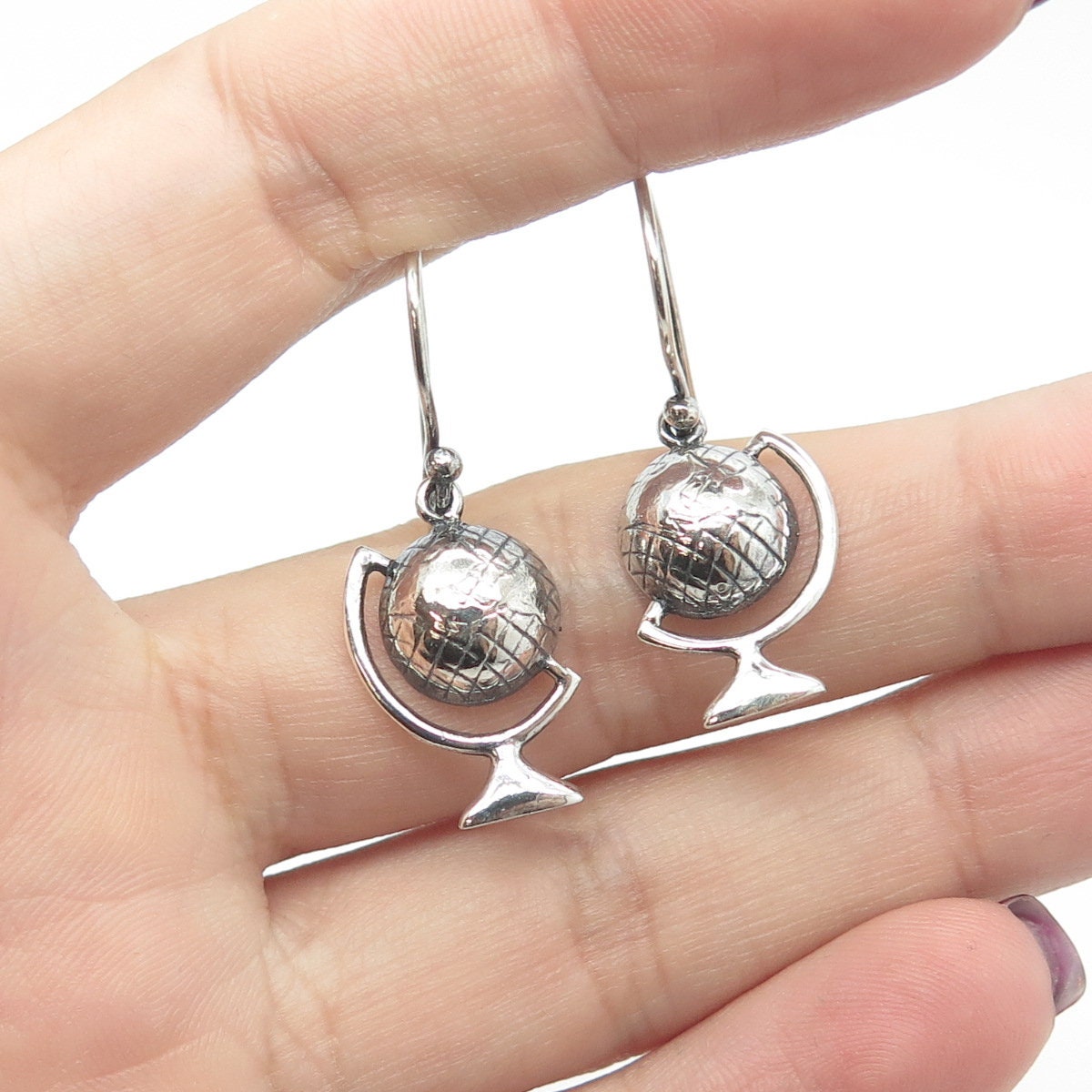 925 Sterling Silver Vintage Globe Dangling Hook Earrings