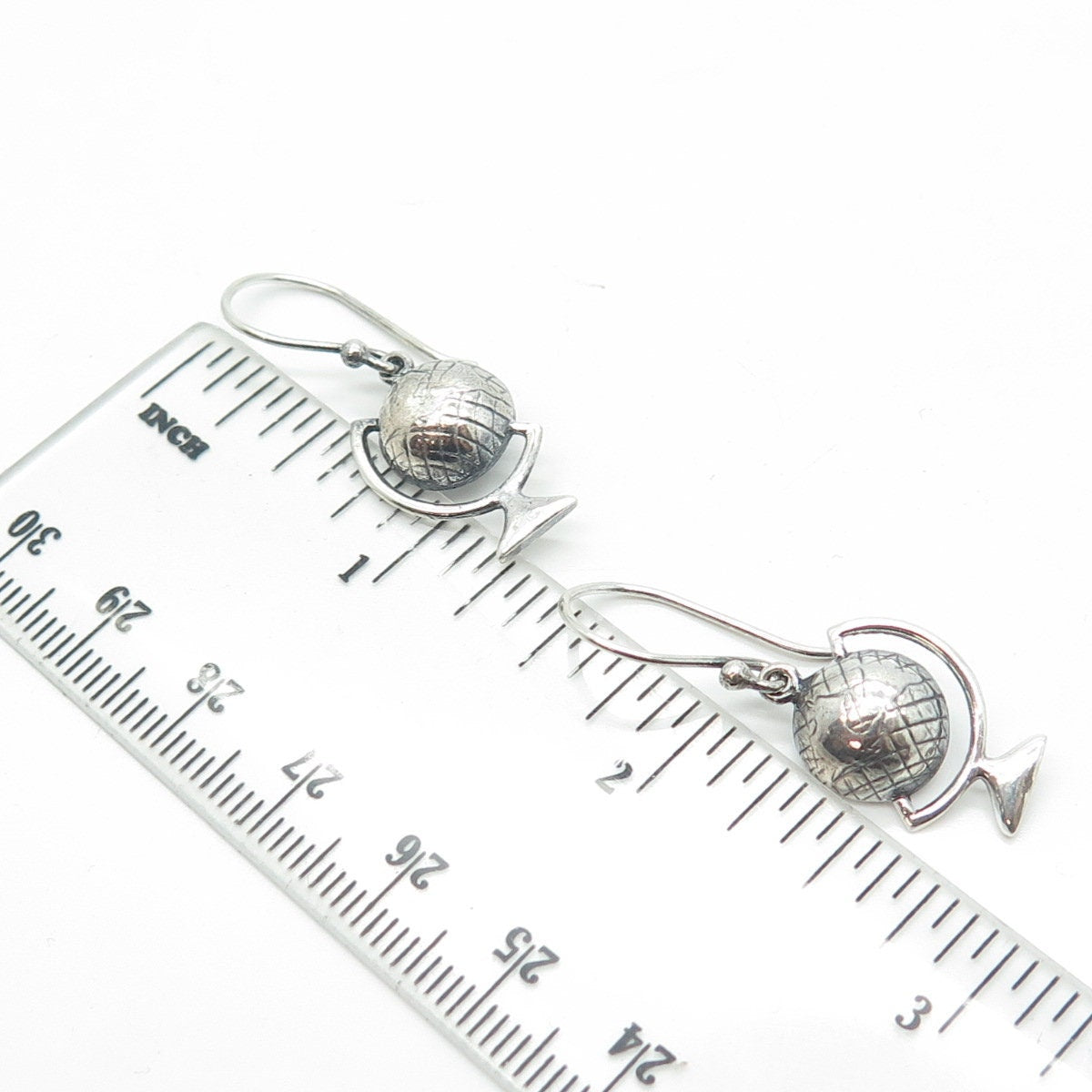 925 Sterling Silver Vintage Globe Dangling Hook Earrings