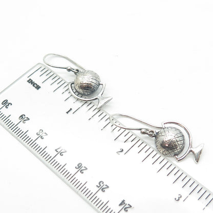 925 Sterling Silver Vintage Globe Dangling Hook Earrings