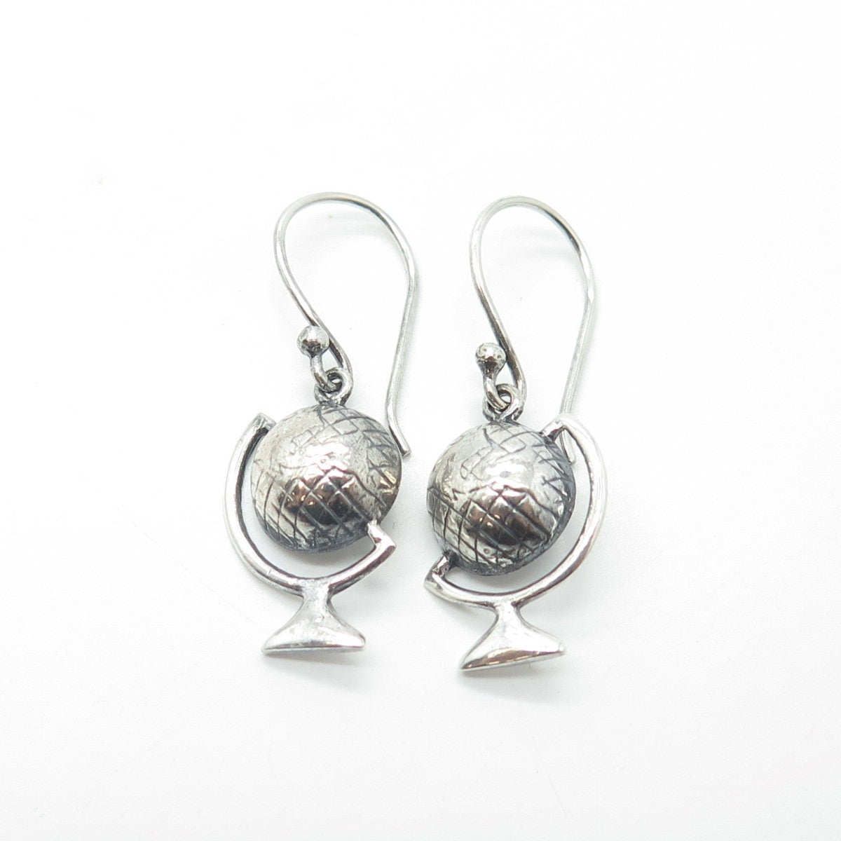 925 Sterling Silver Vintage Globe Dangling Hook Earrings