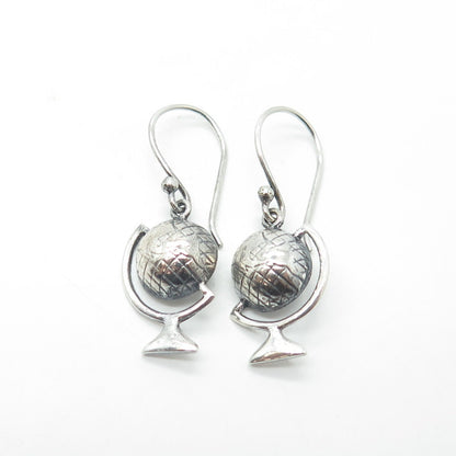 925 Sterling Silver Vintage Globe Dangling Hook Earrings