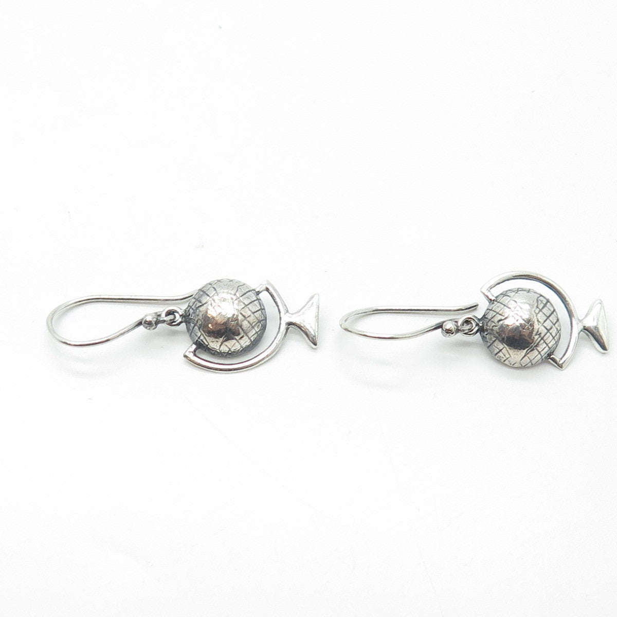 925 Sterling Silver Vintage Globe Dangling Hook Earrings