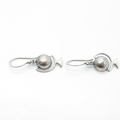 925 Sterling Silver Vintage Globe Dangling Hook Earrings
