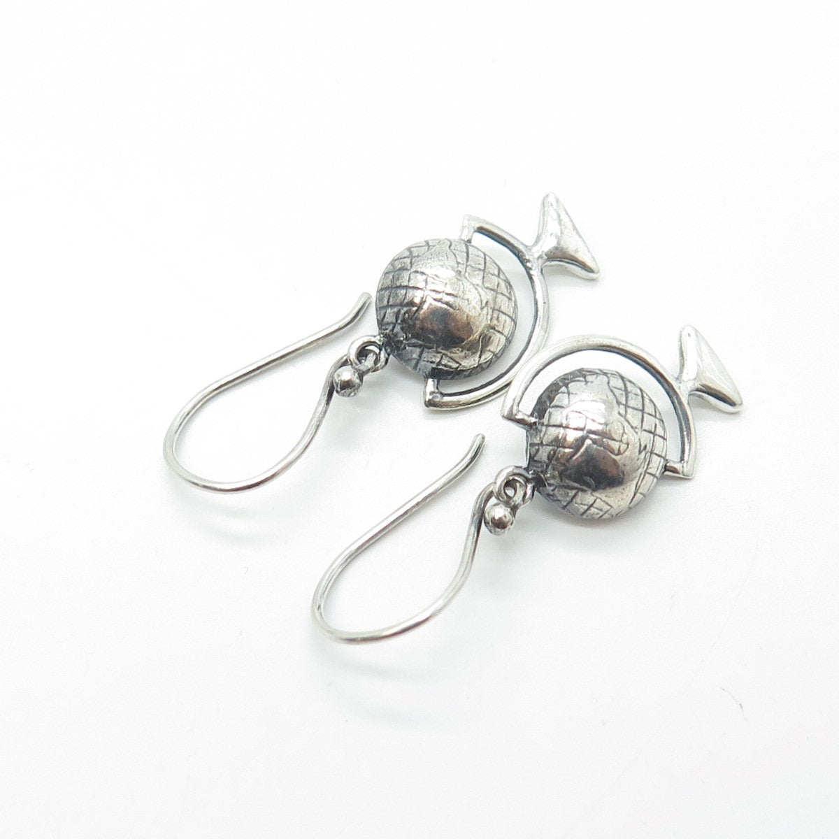 925 Sterling Silver Vintage Globe Dangling Hook Earrings
