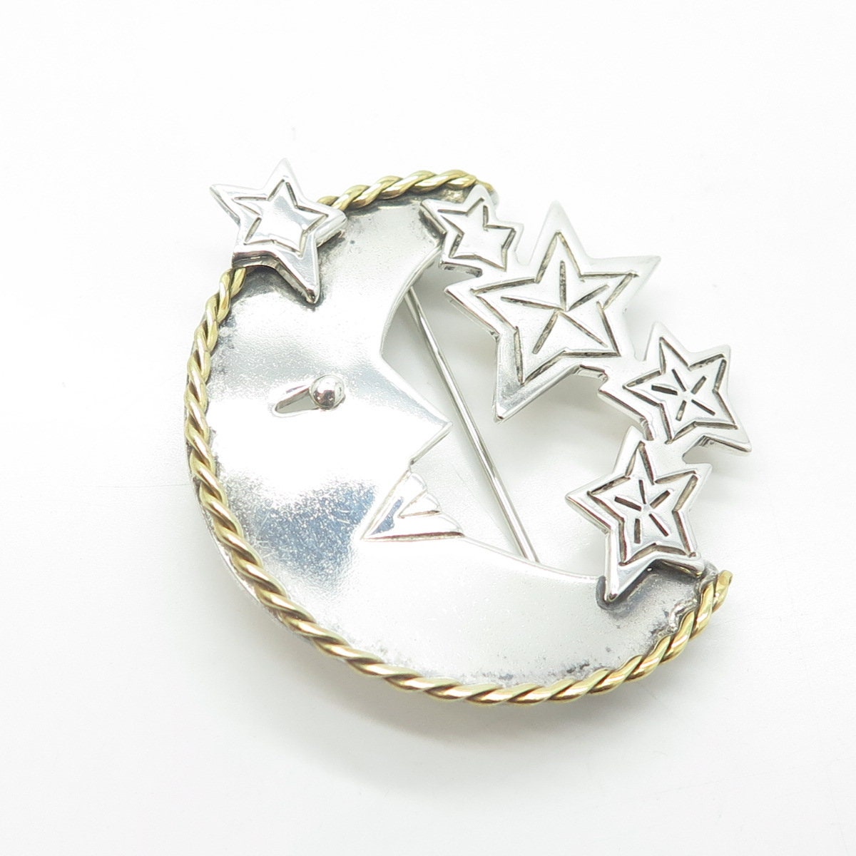 925 Sterling Silver 2-Tone Vintage Mexico Crescent Moon Face & Star Pin Brooch