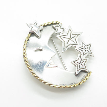 925 Sterling Silver 2-Tone Vintage Mexico Crescent Moon Face & Star Pin Brooch