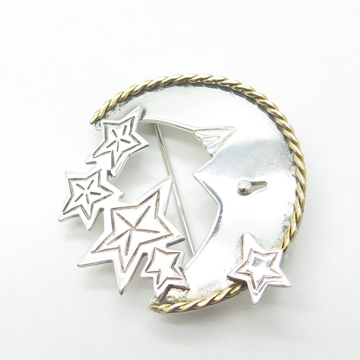 925 Sterling Silver 2-Tone Vintage Mexico Crescent Moon Face & Star Pin Brooch